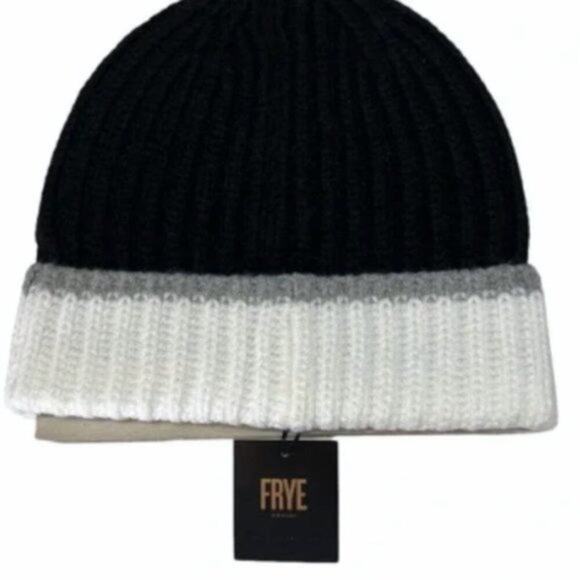 Frye knit beanie black with white trim